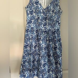Classic Preppy Blue & White Patterned Sun Dress with Pockets